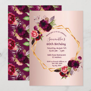 60. Geburtstag bordeauxfarbene Rose goldene geomet Einladung