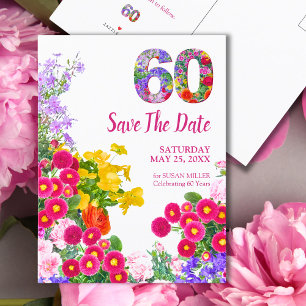 60. Geburtstag Bunte Blumengarten Save-the-Date-Ka Ankündigungspostkarte