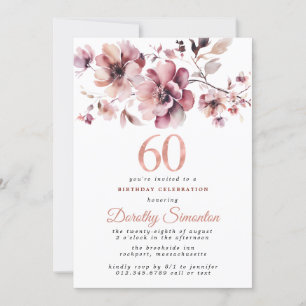 60. Geburtstag Burgund Dusty Blush Pink Bloral Einladung