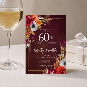 60. Geburtstag Burgunder Herbstblumen Elegantes Sk Einladung