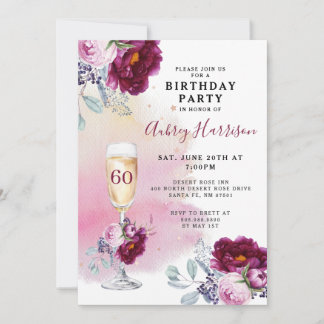 60. Geburtstag Champagner Glass Floral Geburtstag Einladung