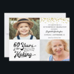 60. Geburtstag Dann & Jetzt Fotos Gold Confetti Einladung<br><div class="desc">Laden Sie Ihre Gäste mit dieser 60. Geburtstagsfeier-Einladung in schwarz und gold mit goldenen Konfetti mit einem Retro-Typografie-Design mit 60 JAHREN in der MAKING und integriert ihr Geburtsjahr als Teil des Designs. Beinhaltet DANN und JETZT Fotos für eine lustige Einladung. Party Einladung Details sind auf der Rückseite. FOTO-TIPP: Wählen Sie...</div>