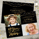 60. Geburtstag Dann & Jetzt Fotos String Lights Einladung<br><div class="desc">Die 60. Geburtstagsfeier in Schwarz und Gold lädt Ihre Gäste mit Streichleuchten in einem Retro-Typografie-Design ein, das 60 JAHRE IN THE MAKING verkörpert und ihr Geburtsjahr in das Design integriert. Beinhaltet DANN und JETZT Fotos für eine lustige Einladung. Party Einladung Details sind auf der Rückseite. FOTO TIPP: Wählen Sie Fotos...</div>