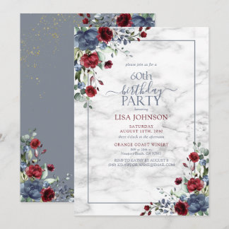 60. Geburtstag Dusty Blue Burgundy Gold Floral Einladung
