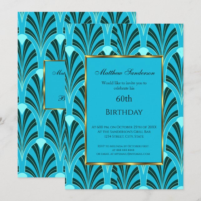 60. Geburtstag Einladung Art Deco Green Blue Aquam (Vorne/Hinten)