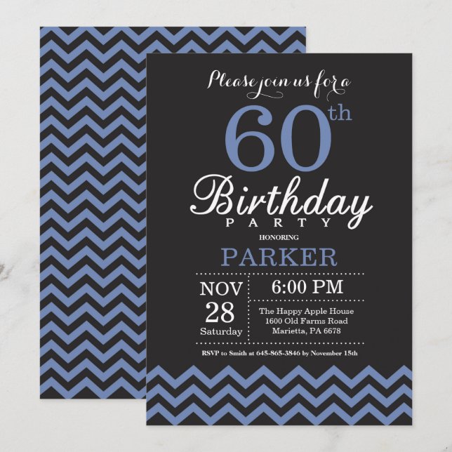 60. Geburtstag Einladung Schwarz und Blau (Vorne/Hinten)