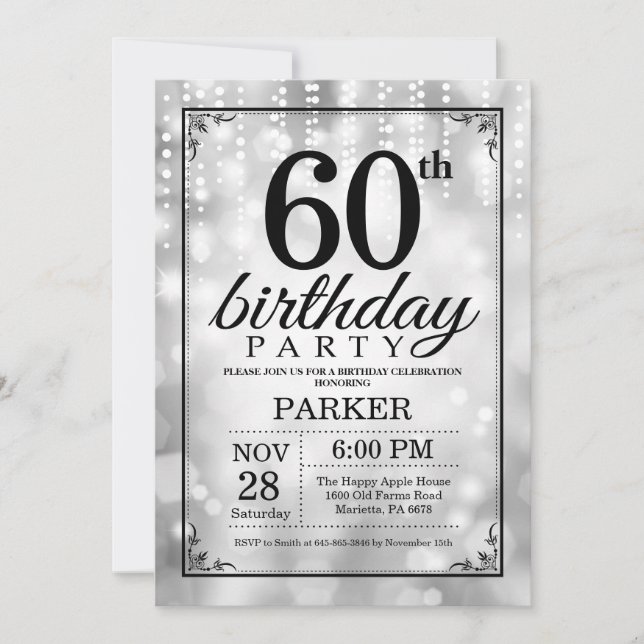 60. Geburtstag Einladung Silberner Glitzer (Vorderseite)