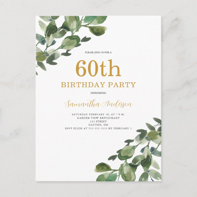 60. Geburtstag Eukalyptus Aquarellfarben Einladung Postkarte (Vorderseite)