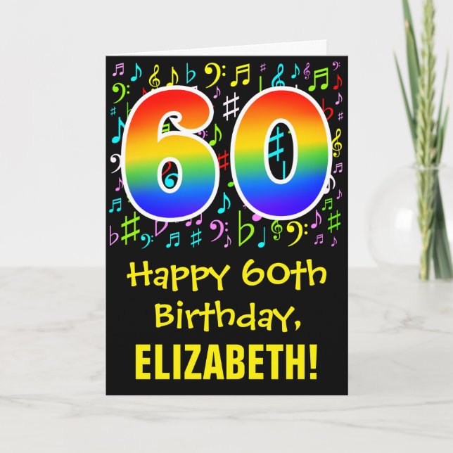 60. Geburtstag: Farbige Musiksymbole + Regenbogen  Karte (Vorderseite)