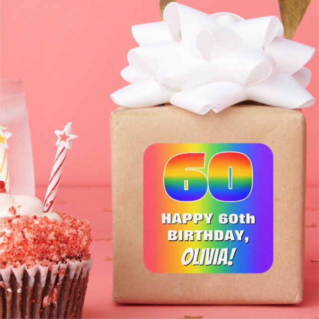 60. Geburtstag: Farbiges, lustiges Regenbogenmuste Quadratischer Aufkleber (Party)