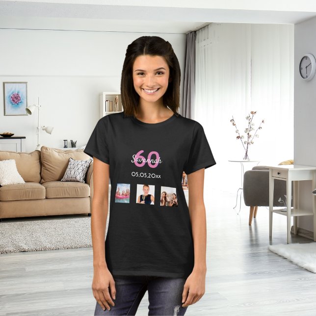 60. Geburtstag Foto Rosa Monogramm Frau T-Shirt (Von Creator hochgeladen)