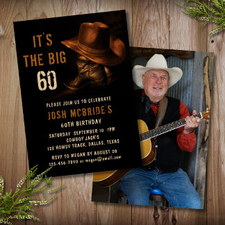 60. Geburtstag Foto Rustic Cowboy Hat Boots Einladung