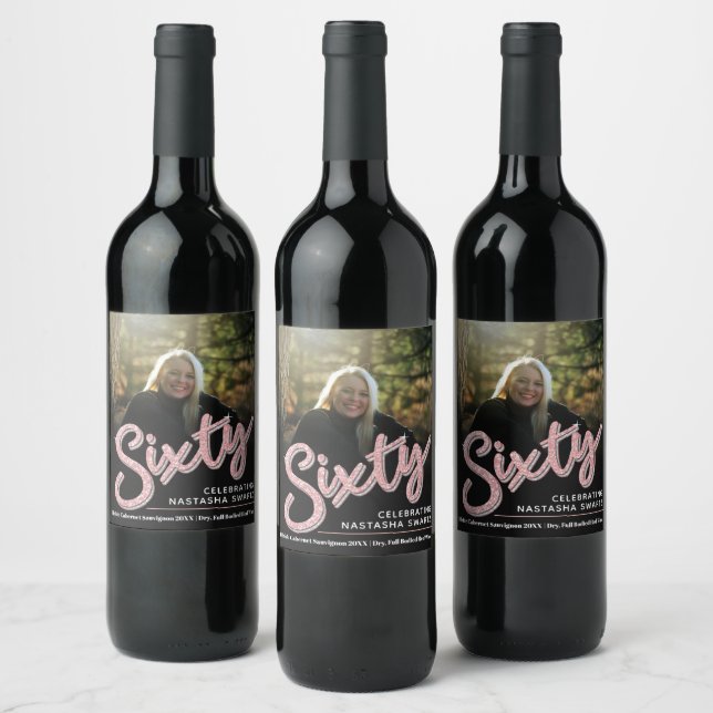 60. Geburtstag Foto Skript Glitzer pink Weinetikett (Flaschen)