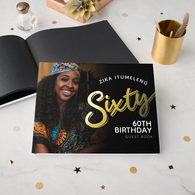 60. Geburtstag Fotos schwarzes Gold Gästebuch (Vorderseite offen)