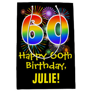 60. Geburtstag: Fun Fireworks Muster + Regenbogen  Mittlere Geschenktüte