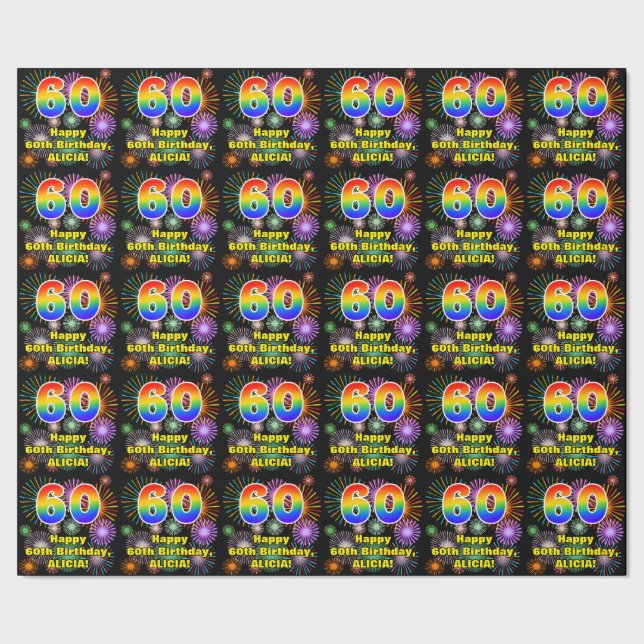 60. Geburtstag: Fun Fireworks, Rainbow Look # "60" Geschenkpapier (Saum)
