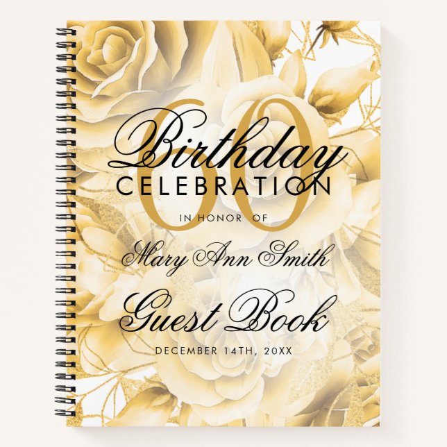 60. Geburtstag Gästebuch Party Floral Gold Notizbuch (Vorderseite)