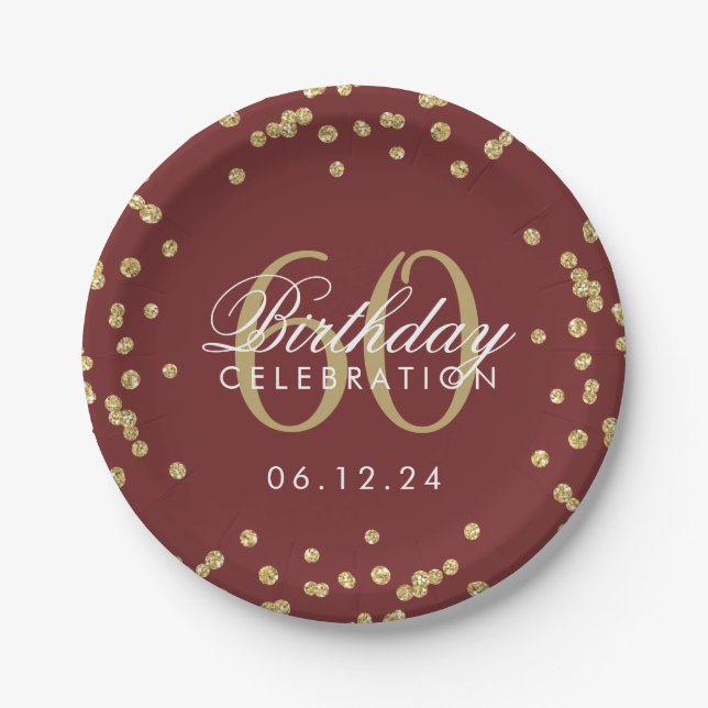 60. Geburtstag Glitzer Confetti Burgund Pappteller (Vorderseite)