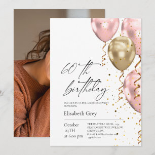 60. Geburtstag Gold Blush Pink Ballons Modern  Einladung