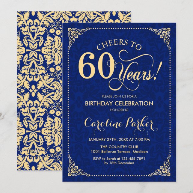60. Geburtstag - Gold Navy Damask Einladung (Vorne/Hinten)