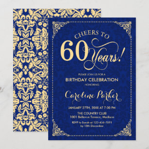60. Geburtstag - Gold Navy Damask Einladung