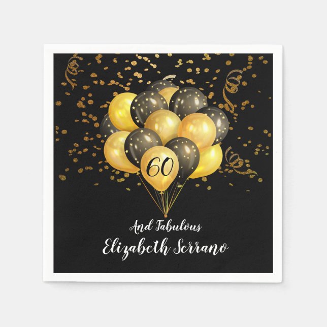 60. Geburtstag Gold und Black Balloons Glitzer Serviette (Vorderseite)