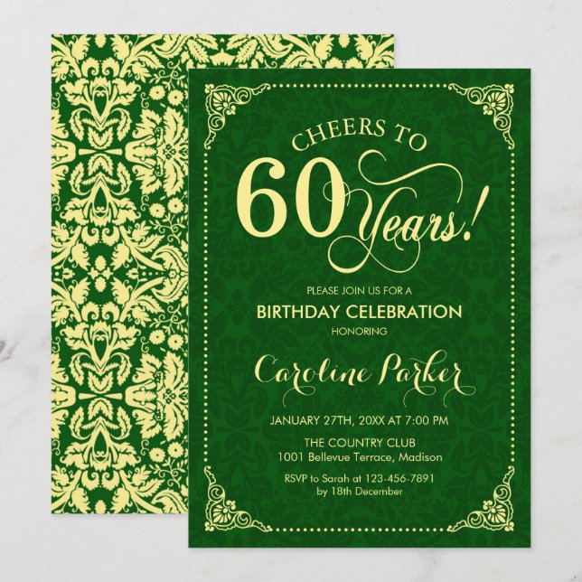 60. Geburtstag - Goldener Damast Einladung (Vorne/Hinten)