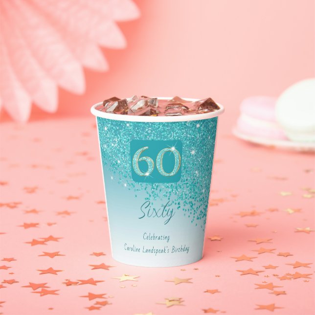 60. Geburtstag Klasse Falling Aquamarin Blue Glitz Pappbecher (Insitu)