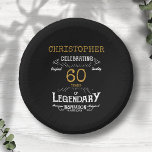 60. Geburtstag Legendary Black Gold Retro Pappteller<br><div class="desc">Für alle,  die ihren 60. Geburtstag feiern,  haben wir die idealen Geburtstagsgeschirr mit Vintagem Ambiente. Der schwarze Hintergrund mit Vintagem Typografie-Design in Weiß und Gold ist schlicht und elegant mit Retro-Ambiente. Passen Sie den Text dieser Geburtstagsplatte einfach mit der Vorlage an. Teil einer 60. Geburtstagskollektion mit Party und Geschenken.</div>