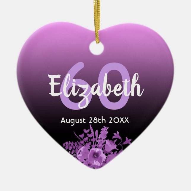 60. Geburtstag lila schwarzer Blumenname Keramik Ornament (Vorne)