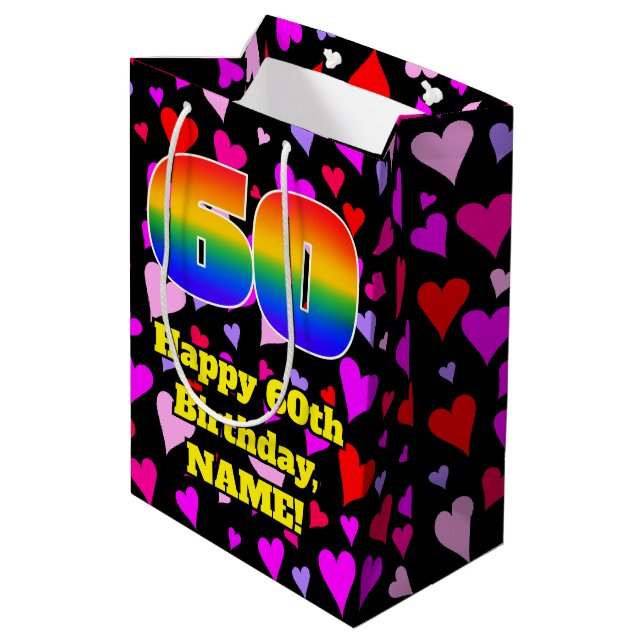 60. Geburtstag: Loving Hearts Pattern, Regenbogen  Mittlere Geschenktüte (Rückseite Schrägansicht)