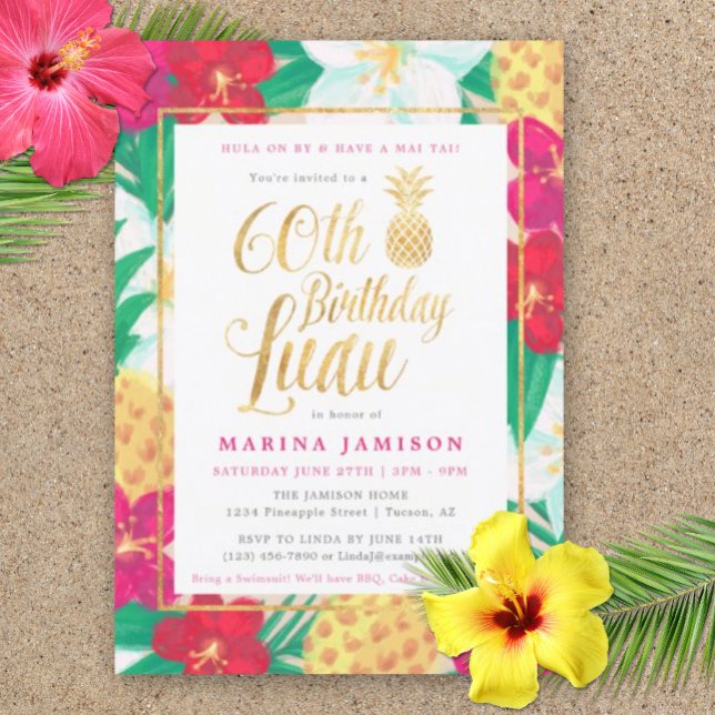 60. Geburtstag Luau Einladungen | Rosa und Gold (60th Birthday Luau Party Invitation)
