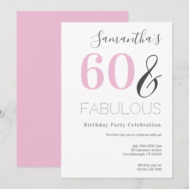 60. Geburtstag Modernes rosa Party Einladung (Vorne/Hinten)