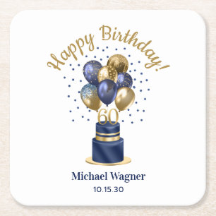 60. Geburtstag Navy Blau Ballon Torte Rechteckiger Pappuntersetzer