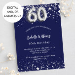 60. Geburtstag navy blauen Sterne Silber Einladung<br><div class="desc">Eine moderne,  stilvolle und glamouröse Einladung zu einer 60. Geburtstagsfeier. Ein marineblau-blauer Hintergrund,  mit Imitaten verziert,  die silberne Sterne tragen. Personalisieren Sie Ihren Namen und Ihre Party-Daten und fügen Sie diese hinzu. Nummer 60 wird mit einem Schriftart im Ballonstil geschrieben.</div>