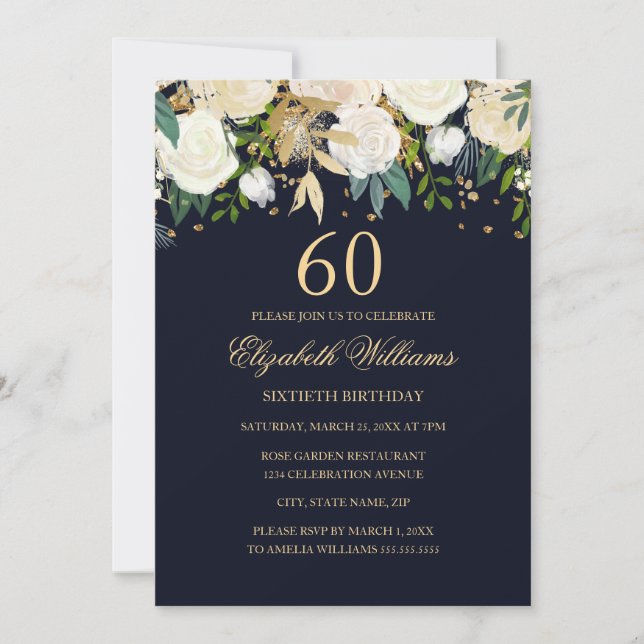 60. Geburtstag Navy Gold Floral Einladung (Vorderseite)