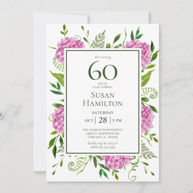 60. Geburtstag Pink Hydrangeas Einladung (Vorderseite)