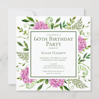 60. Geburtstag Pink Hydrangeas-Karte Anfrage Einladung