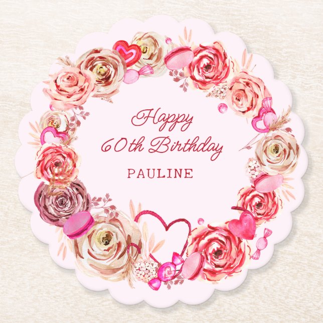 60. Geburtstag Pink Roses Wirbles Herz Untersetzer (Vorderseite)
