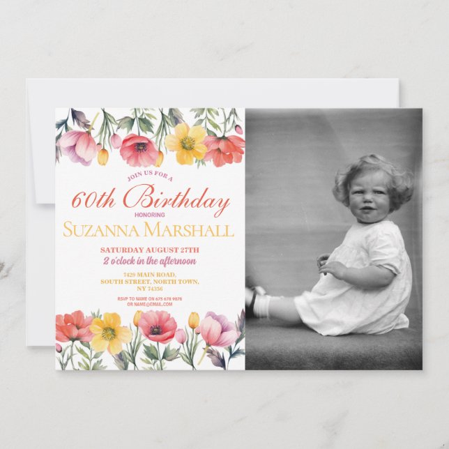 60. Geburtstag Poppy Frühlingsfloral Foto Einladung (Vorderseite)