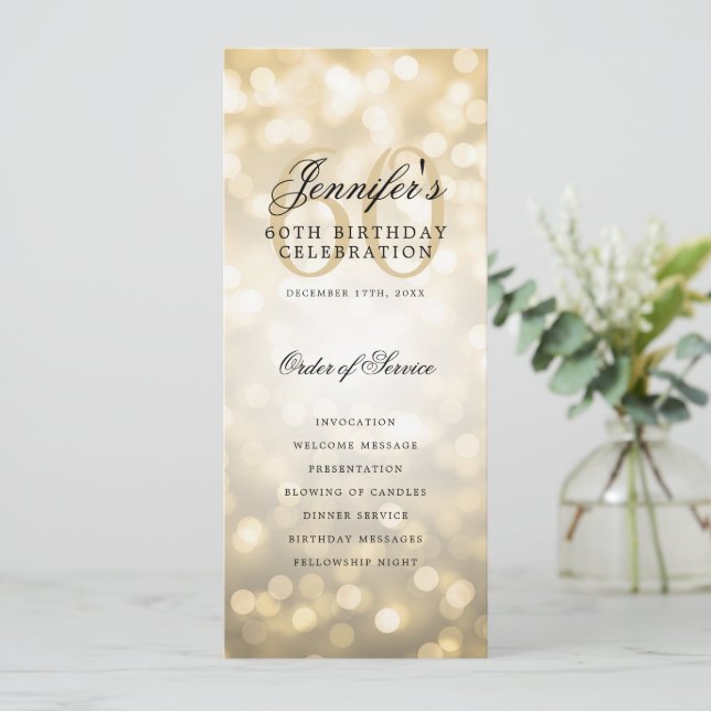 60. Geburtstag Programm Gold Bokeh w/ Vielen Dank (Stehend Vorderseite)