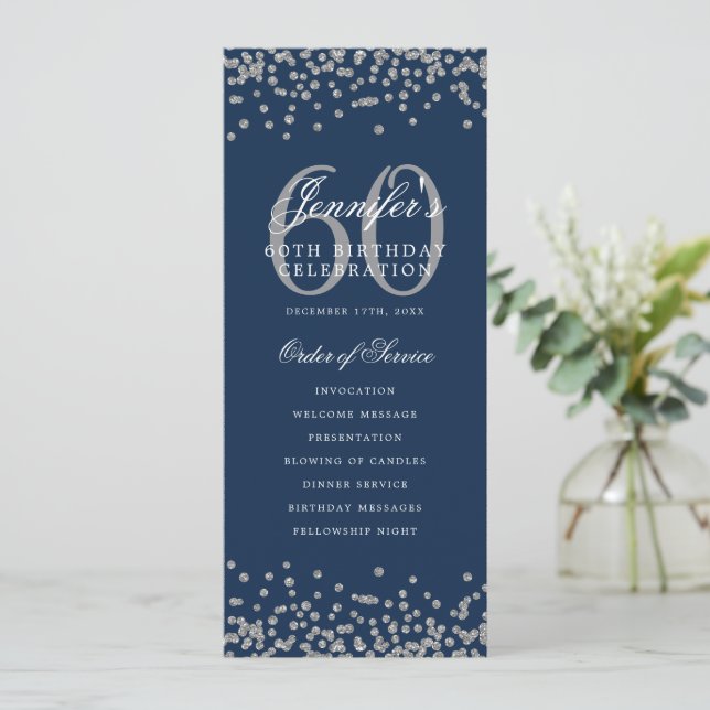 60. Geburtstag Programm Silver Menu Navy Blue Blue (Stehend Vorderseite)