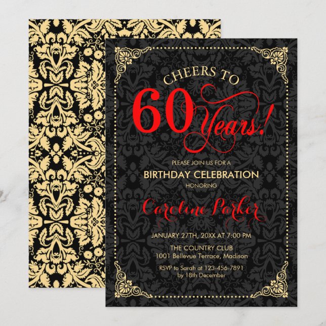 60. Geburtstag - Red Gold Black Damask Einladung (Vorne/Hinten)