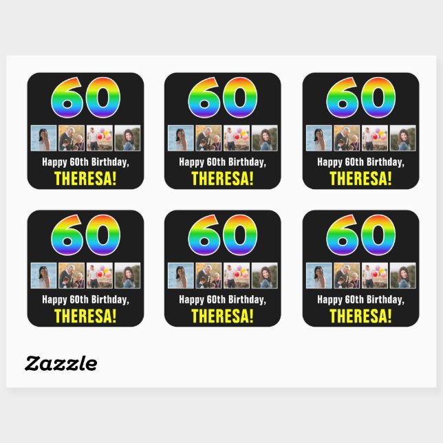 60. Geburtstag: Regenbogen "60"; benutzerdefiniert Quadratischer Aufkleber (Blatt)