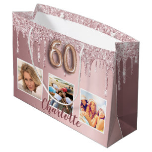 60. Geburtstag rosa Glitzer Tropfen Foto Name Große Geschenktüte
