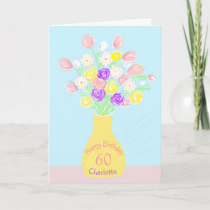 60. Geburtstag rosa & lila Blumen Vase Karte