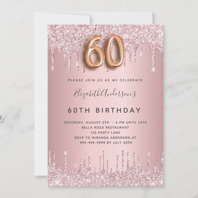 60. Geburtstag rosa staubige Rose Glitzer Luxus Einladung (Vorderseite)