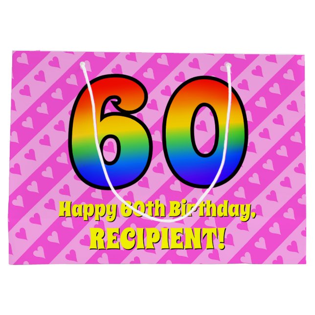 60. Geburtstag: Rosa Streifen & Herz, Regenbogen # Große Geschenktüte (Rückseite)