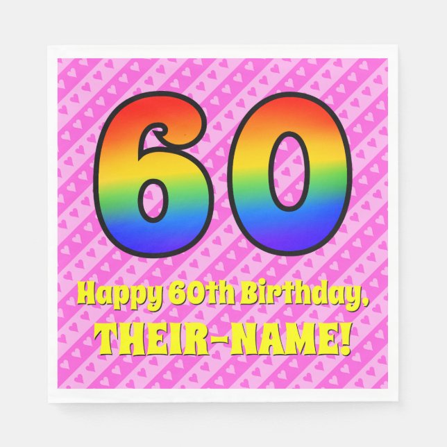 60. Geburtstag: Rosa Streifen & Herz, Regenbogen # Serviette (Vorderseite)