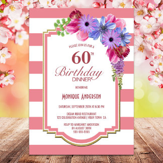 60. Geburtstag Rosa Streifen Lila florales Party Einladung
